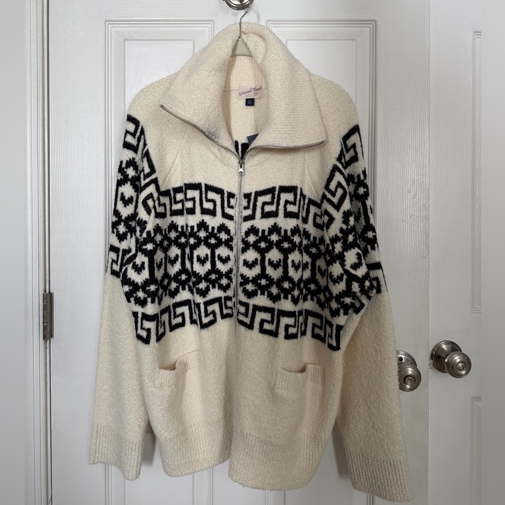 Cream and Black Patterned Zip-Up Cowl Sweater